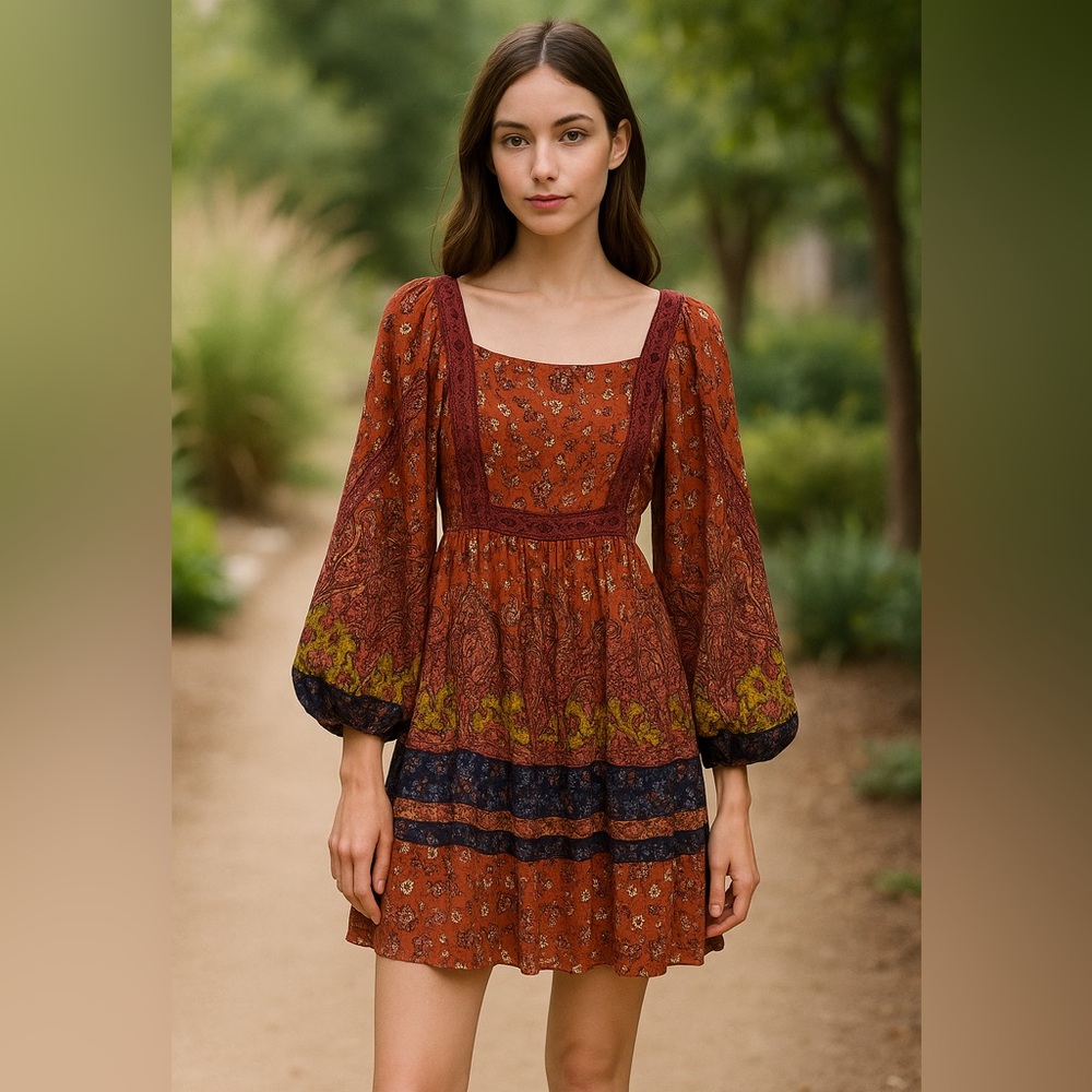 ANGIE Boho Floral Peasant Dress with Balloon Sleeves – Size S AA03